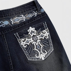 Jeans Flare Pants Women Vintage Boot Cut Embroidery Pockets Rhinestone Washed Female Distressed Denims Trousers Streetwear