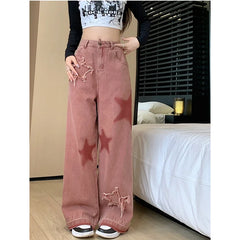 Women Streetwear Pink Jeans Vintage Star Print High Waisted American Retro Wide Leg Denim Pants Hip-hop Straight Y2K Trousers
