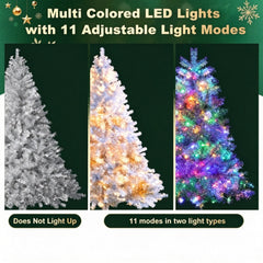 6FT Sliver Pre-Lit Artificial Christmas Tree Hinged Full Tree with Metal Stand 800 Branch Tips 300 LED Lights 11 Lighting Modes Holiday Decoration Tree for Indoor and Outdoor
