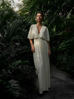 Deep V-Neck Lace Trim Cutout Waist Maxi Dress Elbow-Sleeve Lace Trim Chiffon 2026 Summer Elegant Women Vacation Boho Outfit