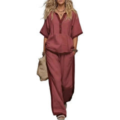 Women Cotton Linen Set, Summer V-Neck Loose Fit & Elastic Waist Palazzo Pants 2-Piece Outfit, Casual Top and Wide Leg Trousers