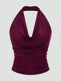 Plus Size Ms. Burgundy Sexy Romantic Urban Woman Sleeveless Neck Swing Neck Top + Split Half Skirt Long Skirt Two Piece Set