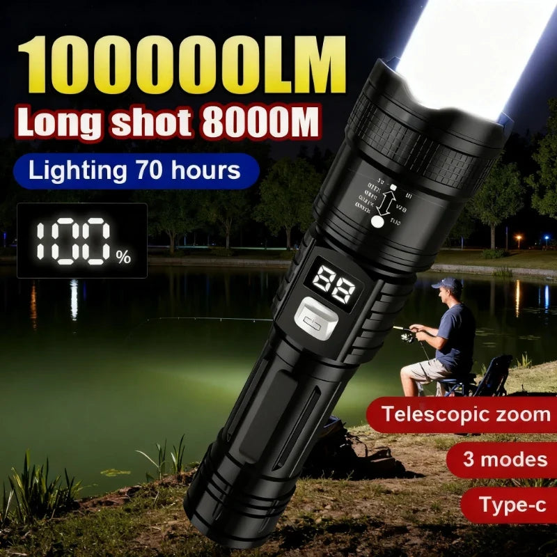 100000LM Super Bright Flashlight Rechargeable LED Torch Long Range Tactical Lamp for Outdoor Waterproof Camping Fishing Lantern