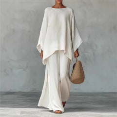 Women's Elegant Loose Round Neck Top Wide Leg Pants Set Casual Simple Long Sleeve Solid Color Two-Piece Set