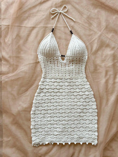 Women's V-Neck Strapless Dress, Hollow Out, Wooden Bead, Slim Fit, Gradient Color, Knitted, Sexy, Vacation Wear