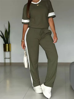 Spring Summer New Casual Sports T-shirt Short-sleeved Suit Women Fashion Splicing Side Stripes Simple Trousers 2 Piece Set 2026
