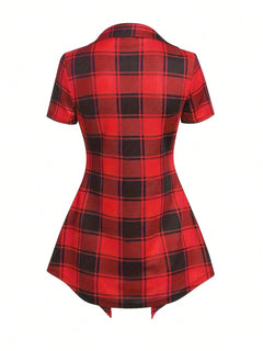 Plus Size Plaid Print Two-piece Set, Cross Cut Out Short Sleeve Top & Capris Pants Outfits, Women's Plus Size Clothing