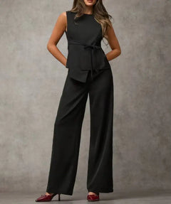 Women's Black Two Piece Set Sleeveless Round Neck Tie Asymmetric Hem Top Wide Leg Pants Set Spring Summer Office Elegant Outfit