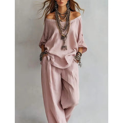 Summer New Casual Loose Linen Women's Two Piece Set Three-quarter Sleeve Off Shoulder Top Wide Leg Pants Suit Women Clothing