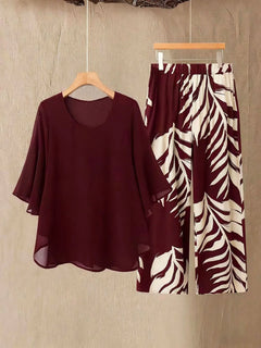 Lady Colorful O Neck Loose Suit Casual Chiffon Set Three Quarter Sleeve Top Wide Leg Pants Women Outfit Comfortable 2 Piece Sets