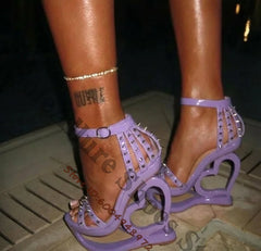 Hot Pink Spike Stud Caged Heart Cutout Wedge Sandals Gloss Patent Ankle Buckle Hollow Sculptural Platform Heels Y2K Trend Sandal