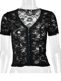 JULISSA MO Sexy Deep V-neck Sheer Lace Women T-shirt Black Short Sleeve Floral T-shirt Summer Skinny Casual Vacation Streetwear