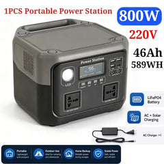 800W 46Ah Portable Power Station 600W/800W 589WH Solar Generator Backup PowerBank for Outdoor Camping, Home Emergency, RV Travel