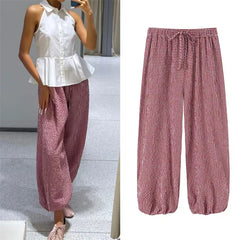 Women's Long Pants 2026 Summer New Style Red Plaid Drawstring Lantern Pants Long Pants Beach Vacation Casual Fashion