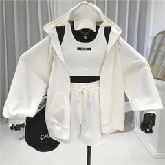 Women's Fashionable Casual Sports Windsuit Spring Autumn Collection Age-Reducing Gym Running Sweatshirt Shorts Three-Piece Set