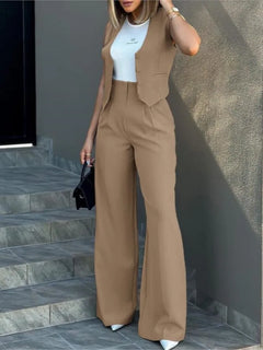 Elegant Women's Two Piece Sets Spring Solid Sigle-breasted Waistcoat Top & Wide Leg Pants Casual Outfits High Waist Streetwear