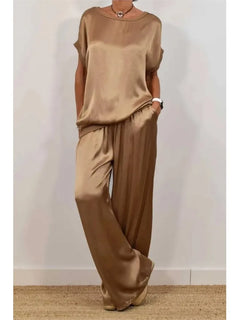 2-Piece Set Fashion Satin O Neck T-Shirt Top Trousers Summer Retro