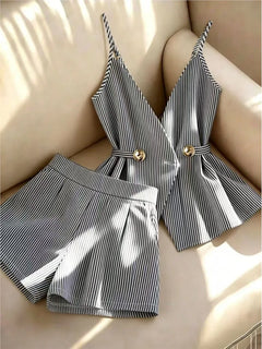 Women Striped 2 Piece Set V-neck Top Lace Up High Waist Pleated Wide Leg Shorts Summer Fashion Office Ladies Commuting Outfit
