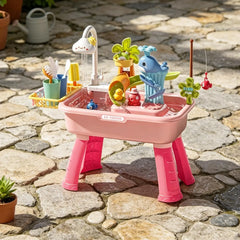 Kitchen Water table Sets with Pump,Tableware & Fishing Game for Kids,Children's Play Sink with Running Water & Electric Faucet