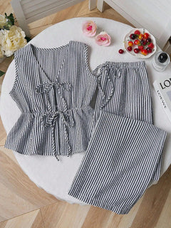 Summer Two Piece Set Women Striped V Neck Lace Up Sleeveless Blouse