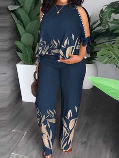 Female Clothing Summer Women Outfit Pearl Off The Shoulder Blouse and Trouser Elegant 2-piece Sets Plus Size Pant Sets