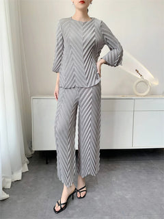 Spring New Women Handmade Pleated Pants Set Comfortable Casual Seven