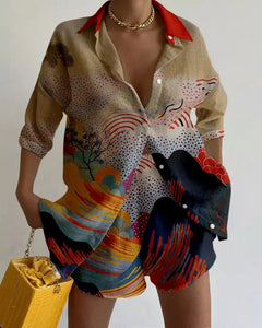 Summer Fashion Print Beach Holiday 2-Piece Set Women Long Sleeve Shirt Top+Wide Legs Short Women Oversized Two-Piece Outfit