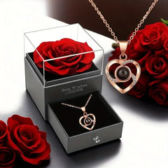 Eternal Red Rose Gift Box with Golden Heart Necklace - Anniversary, Valentine's Day,Mother'S Day , Christmas,Birthday Present