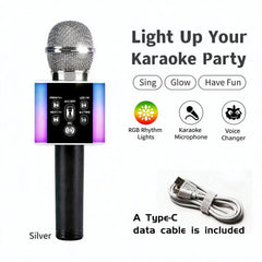 6-In-1 Wireless Karaoke Mic - Big Bass Wireless Speaker, LED Lights, Voice Changer, Pairable - Portable Singing Mic for Family, Birthday, Parties, Car Trips, Halloween, Thanksgiving And Christmas Gifts