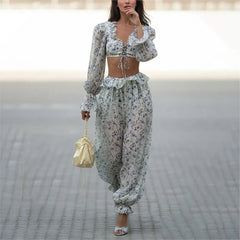 Ruffled Trousers Short Tops Two-piece Set Spring Summer Women's Long-sleeved Waist Casual Fashion Trousers Set Костюм Женский