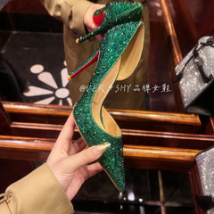 Red Sole Shoes High Heels Wedding Women Shoes Diamond Pumps  Heel 10cm Crystal Shoes Rhinestone Pointed Toe Glitter Party Heels
