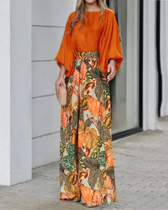 New Women's Clothing Set Lantern Sleeves Loose Top Printed Wide Leg Pants Two Piece Set Casual Ladies Trouser Outfit 2025 Summer