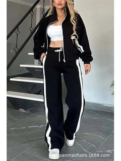 Striped Zipper Coat+sweatpants Two Piece Set Women Casual Batwing Sleeve Sports Jacket Outfits Autumn Winter Sweatshirt Suit Y2K