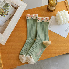 New Style Crew Socks for Women Spring Fashion Cute Flower Long Cotton Socks Japanese Style Breathable Casual Trendy Absorb Sweat