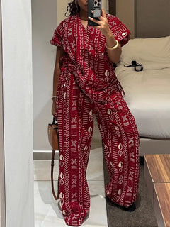 New Fashion Printed Two-piece Set Women's Loose Casual Short-sleeved Drawstring Waist Slimming V-neck Shirt Wide-leg Pants Sets