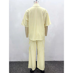 New African Fashion Women Two Piece Set Yellow Striped Printed Loose Shirt Top and Wide Leg Pants Set Outfits