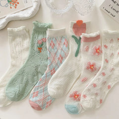 Transparent Crystal Silk Socks Women Fashion Ultra-thin Summer Harajuku Crew Socks Flower Streetwear Elastic Long Mesh Socks