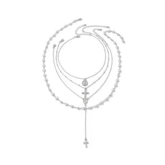 Trendy Cross Pearl Vintage Multi Layer Bead Necklace Set for Women