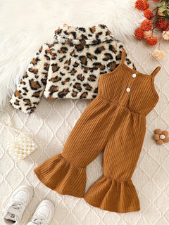 Toddler Baby Girl Leopard Faux Fur Jacket & Corduroy Flared Pants Set