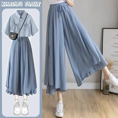 Summer Pantskirt Set for Female Korean Style Loose Short Sleeve Shirt+Casual Wide Leg Pants Fashion Two Piece Sets Women Outfits