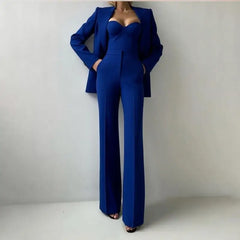 Solid Suit Jacket Corset Pants 3 Piece Set Women Corset Lapel Coat Straight Pants Lady Set 2026 Summer Autumn Commute Outfit New