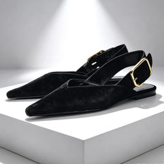 Fashion Metal Buckle Design Flat Sandals Women 2026 New Brown Suede Pointed Toe Slingback Designer Shoes Comfortable Women Shoes