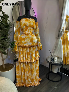 CM.YAYA Women Set Tie Dye Print Sleeveless Halter Crop Tops +Ruffles Long Skirt 2026 Summer Beach Vacation Two Piece Set Outfits