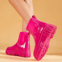 PVC Fashion Rain Boots Shoes For Women Solid Anti-slip Wear-resistant Thick Soled Shoes Low Cut High Top Round Toe Waterproof Water Shoes