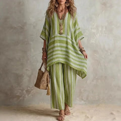 New Women's Two Piece Spring/summer Fashion V-Neck Loose Striped