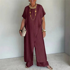 Loose Irregular 2 Piece Set for Women Short Sleeve Round Neck Long Top + Wide Leg Pants Casual Outdoor Commuting Versatile Suit