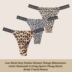 3Pcs/Set Low Waist Sexy Panties Women Thongs Rhinestones Letter Diamonds G-string Sports Thong Shorts Briefs T-back Size XS-XL