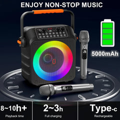 Portable Bluetooth Karaoke Speaker with 6.5-Inch Subwoofer, Two Wireless Microphones, and PA System for Adults, Supports Vocal Remover & REC, Home and Party Singing Machine (Black)