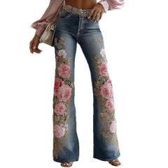Women's Fashion and Leisure 2025 Retro Style Pink Rose Embroidery Art Print Imitation Jeans Pants