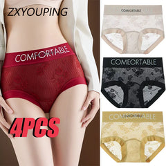 4PCS Women Seamless Panties Transparent Briefs Plus Size Lace Antibacterial Panties